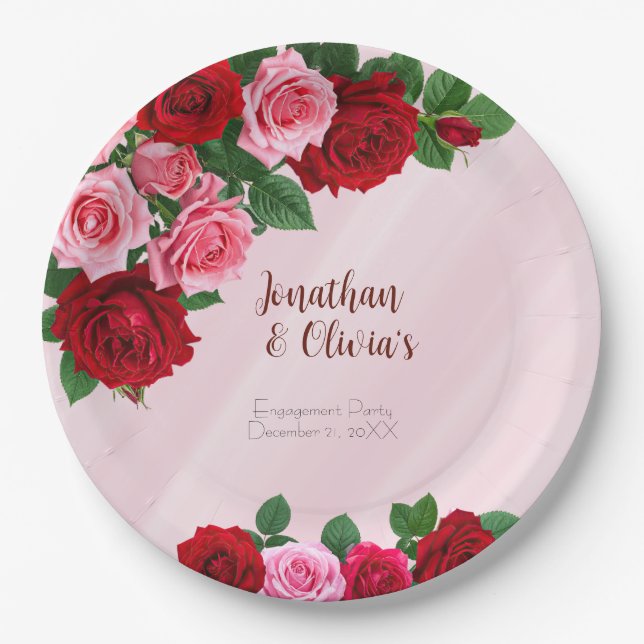 Plato De Papel Fiesta de compromiso de rosas (Anverso)