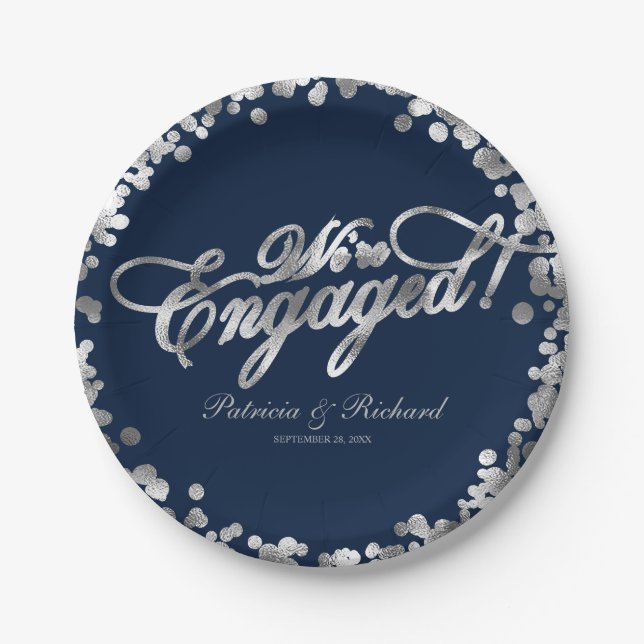 Plato De Papel Fiesta de compromiso Navy Silver We're Engaged (Anverso)