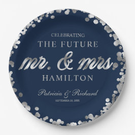 Plato De Papel Fiesta de compromiso Sr y Sra Futuro Plateado Azul