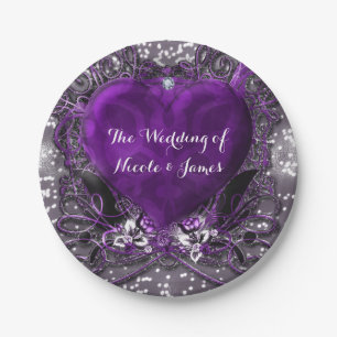 Plato De Papel Fiesta de Corazón Morado y Plateado con Brillo