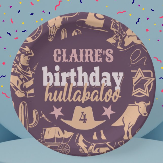 Plato De Papel fiesta de Cowboy Occidental "Birthday Hullabaloo" (birthday hullabaloo plates western cowboy theme with custom name and age purple orange pink colors)