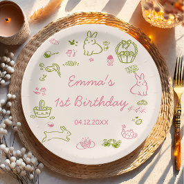 Plato De Papel Fiesta de cumpleaños 1º de Pascua rosa y verde