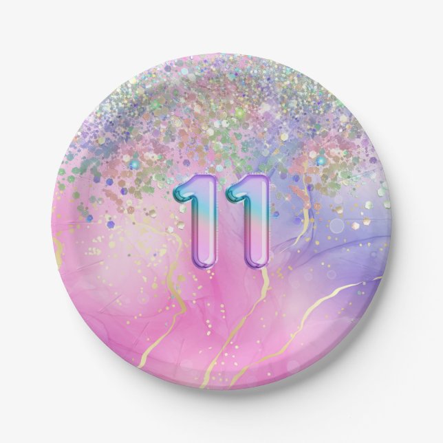 Plato De Papel Fiesta de cumpleaños 11 Purpurina del Arcoiris (Anverso)