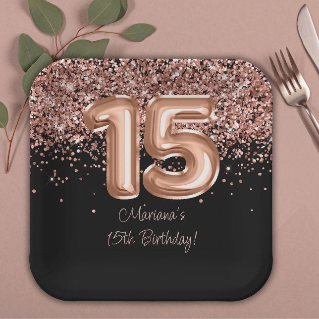 Plato De Papel Fiesta de cumpleaños 15 Rose Gold Black (Subido por el creador)