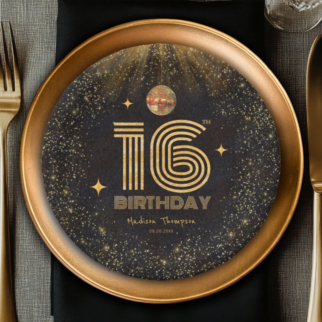 Plato De Papel Fiesta de cumpleaños 16 Black Gold Glitter Disco B (Subido por el creador)