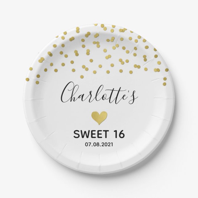 Plato De Papel Fiesta de cumpleaños 16 Gold Confetti Sweet (Anverso)