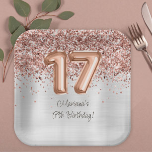 Plato De Papel Fiesta de cumpleaños 17 en rosa oro plata