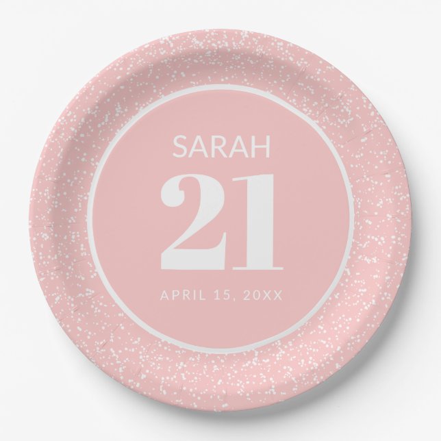 Plato De Papel Fiesta de cumpleaños 21 Pink White Stardust Glitte (Anverso)