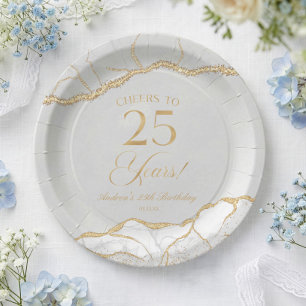 Plato De Papel Fiesta de cumpleaños 25 elegante de ónix y oro bla