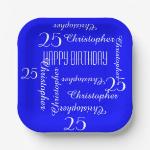 Plato De Papel Fiesta de cumpleaños 25 Royal Blue que repite nomb