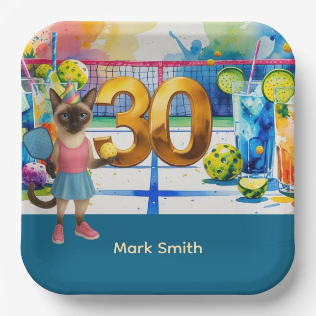 Plato De Papel Fiesta de cumpleaños 30 de Pickleball (Anverso)