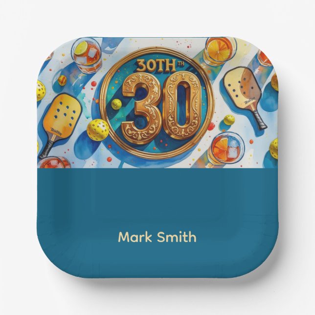 Plato De Papel Fiesta de cumpleaños 30 de Pickleball (Anverso)