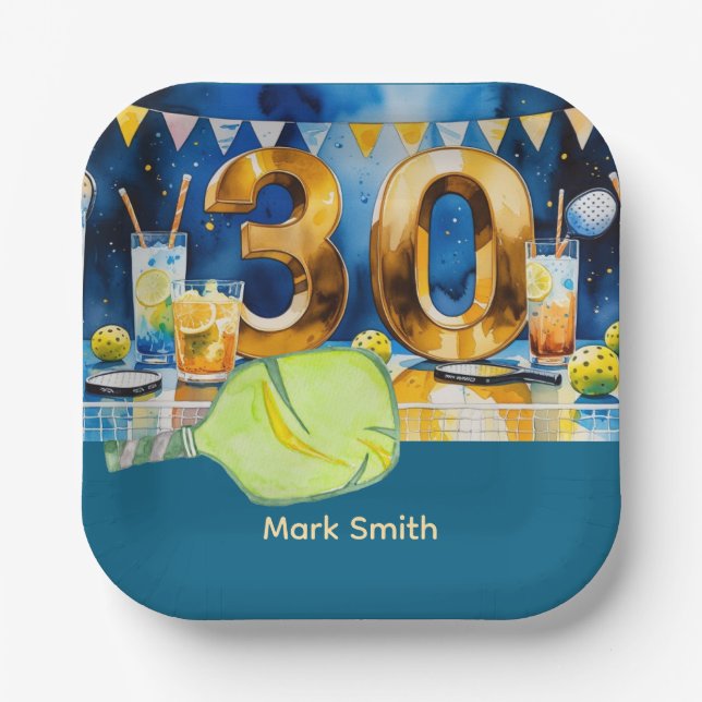 Plato De Papel Fiesta de cumpleaños 30 de Pickleball (Anverso)