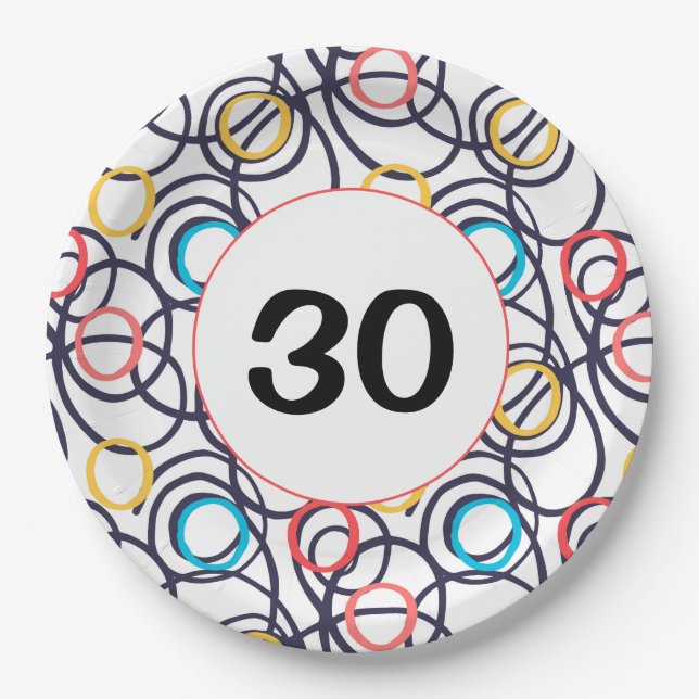 Plato De Papel Fiesta de cumpleaños 30 funky Doodles (Anverso)