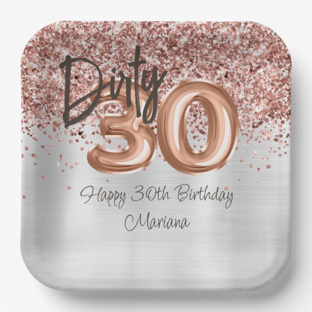 Plato De Papel Fiesta de cumpleaños 30 Rose Gold Silver (Anverso)