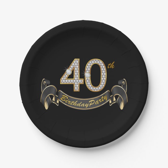 Plato De Papel Fiesta de cumpleaños 40 Black Gold Diamond (Anverso)