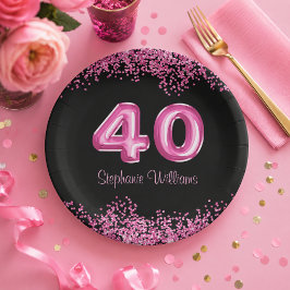 Plato De Papel Fiesta de cumpleaños 40 chic negro y brillo rosa