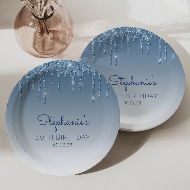 Plato De Papel Fiesta de cumpleaños 50 Chic Blue Glitter Drip (Subido por el creador)