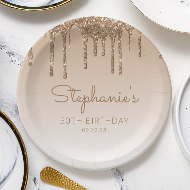 Plato De Papel Fiesta de cumpleaños 50 Chic Gold Glitter Drip (Subido por el creador)