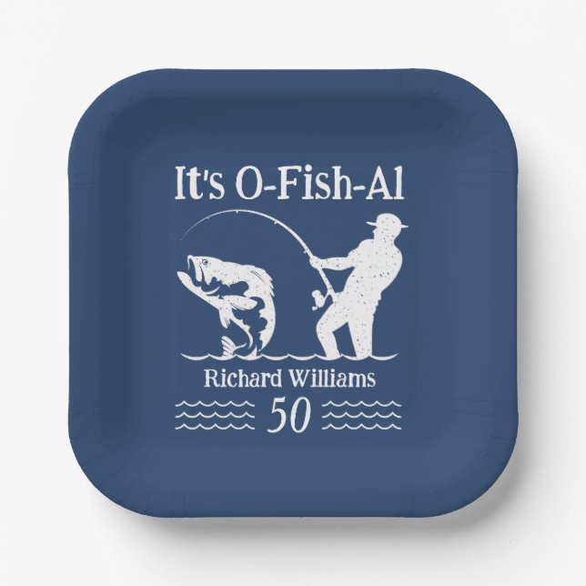 Plato De Papel Fiesta de cumpleaños 50 del hombre es O-fish-al Fi (Anverso)