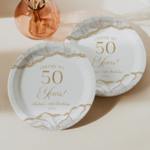Plato De Papel Fiesta de cumpleaños 50 Elegante Agata Oro Blanco