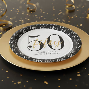Plato De Papel Fiesta de Cumpleaños 50 Negro Blanco Cincuenta