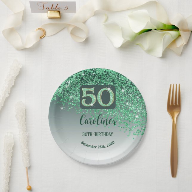 Plato De Papel Fiesta de Cumpleaños 50 Sparkle Verde Brillante (Boda)