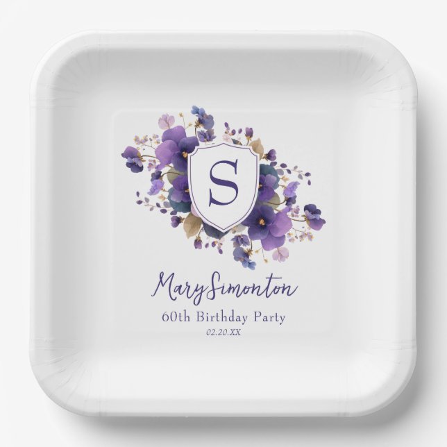 Plato De Papel Fiesta de Cumpleaños 60 Clásico Escudo de Monogram (Anverso)