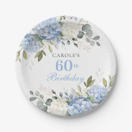 Plato De Papel Fiesta de Cumpleaños 60 de Hortensia Azul Floral V