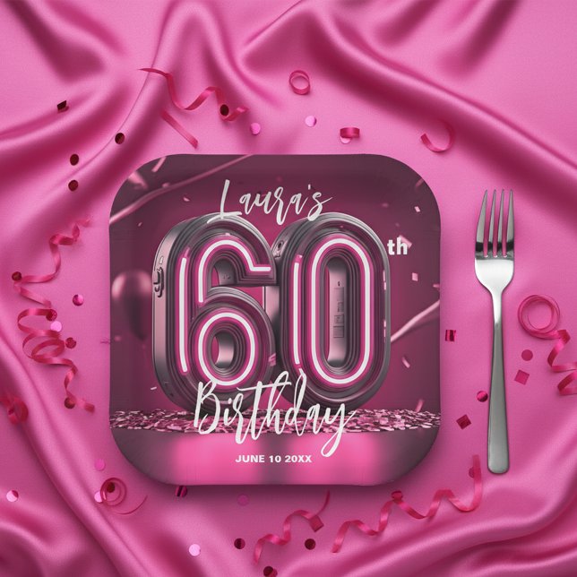 Plato De Papel Fiesta de cumpleaños 60 Glamurosa Chic Rosa Neon (Subido por el creador)