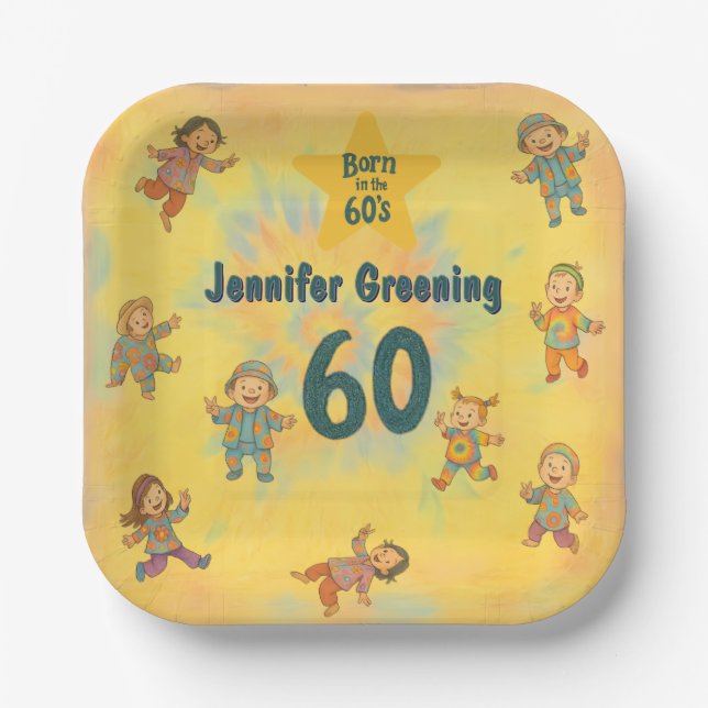 Plato De Papel Fiesta de cumpleaños 60 Retro nacida en Hippy en l (Anverso)