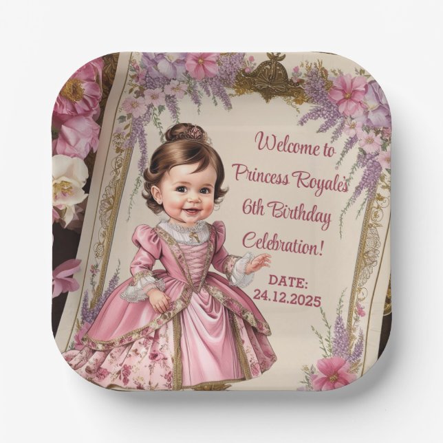 Plato De Papel Fiesta de cumpleaños 6 de la Princesa Real (Anverso)