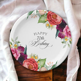 Plato De Papel Fiesta de cumpleaños 70 de Rustic Watercolor Flora