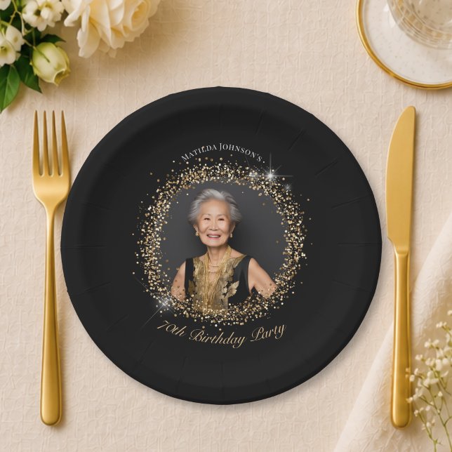 Plato De Papel Fiesta de cumpleaños 70 Glitter Black Gold (Glitter Black Gold 70th Birthday Party Paper Plates)