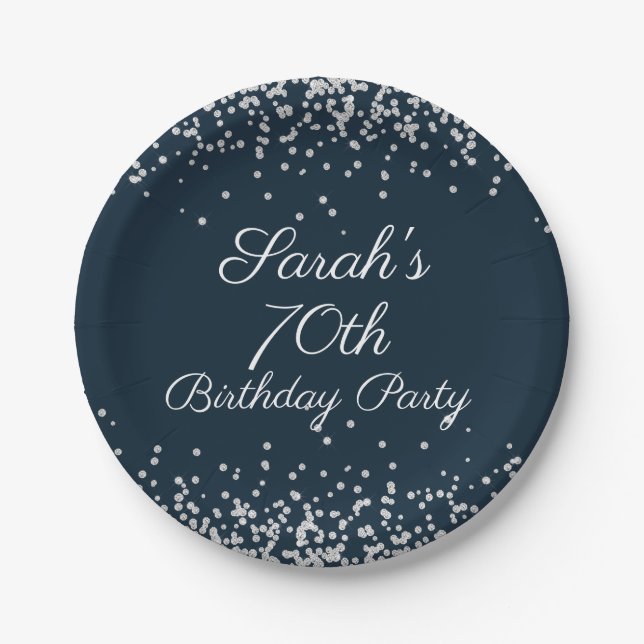 Plato De Papel Fiesta de cumpleaños 70 Navy Blue Silver Glitter (Anverso)