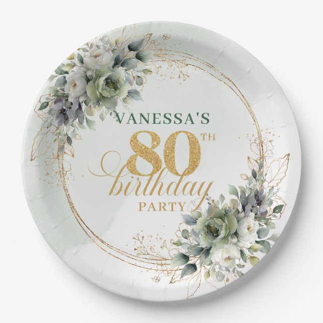 Plato De Papel Fiesta de cumpleaños 80 Boho Dusty Green Eucalyptu (Anverso)