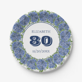 Plato De Papel Fiesta de Cumpleaños 80 de Hortensias Azules Elega