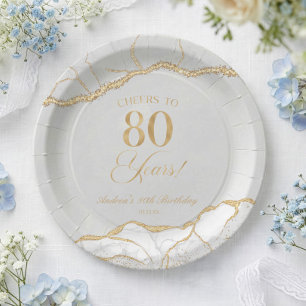Plato De Papel Fiesta de cumpleaños 80 Elegante Agata Oro Blanco
