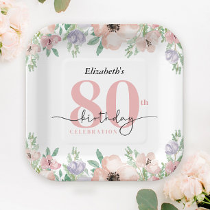 Plato De Papel Fiesta de cumpleaños 80 elegante floral pastel