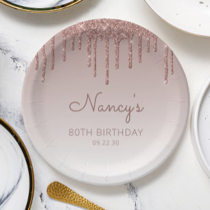 Plato De Papel Fiesta de cumpleaños 80 Glam Rose Gold Glitter Dri