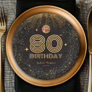 Plato De Papel Fiesta de cumpleaños 80 negro oro brillo bola de d