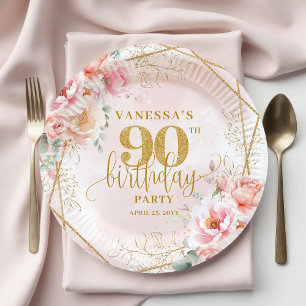 Plato De Papel Fiesta de cumpleaños 90 Pretty Blush Floral Gold F