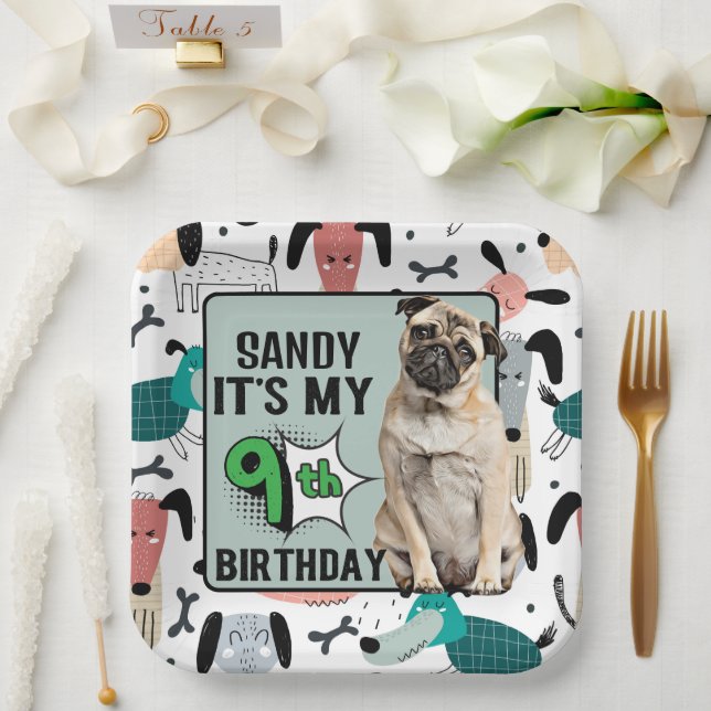 Plato De Papel Fiesta de cumpleaños 9 personalizada Pug (Boda)