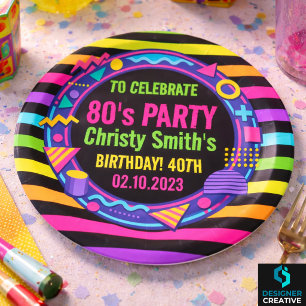 Plato De Papel Fiesta de cumpleaños adulta Retro Neon 80s