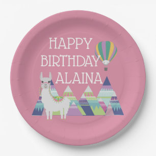 Plato De Papel Fiesta de Cumpleaños Alpaca Rosa Brillante