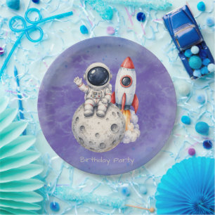 Plato De Papel Fiesta de Cumpleaños Astronauta Acuarela Espacio