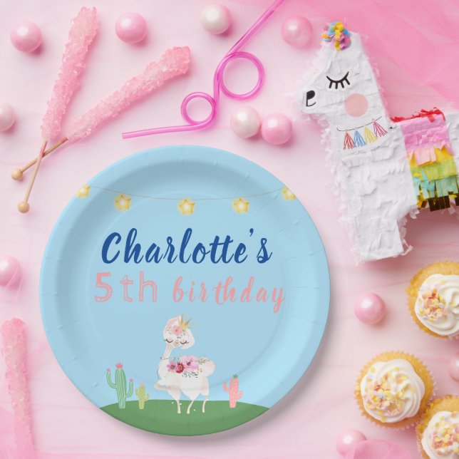 Plato De Papel Fiesta de cumpleaños azul de Cute Llama (Fiesta)