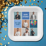 Plato De Papel Fiesta de cumpleaños azul personalizada del Collag<br><div class="desc">Cómodos platos de papel de cumpleaños personalizados con un collage de 6 plantillas de fotos de un hombre y su nombre en los cuadrados azules junto a globos divertidos. Cuta decoración personalizada Happy Birthday para un niño o adolescente.</div>