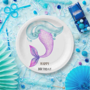 Plato De Papel Fiesta de cumpleaños azul púrpura de sirena