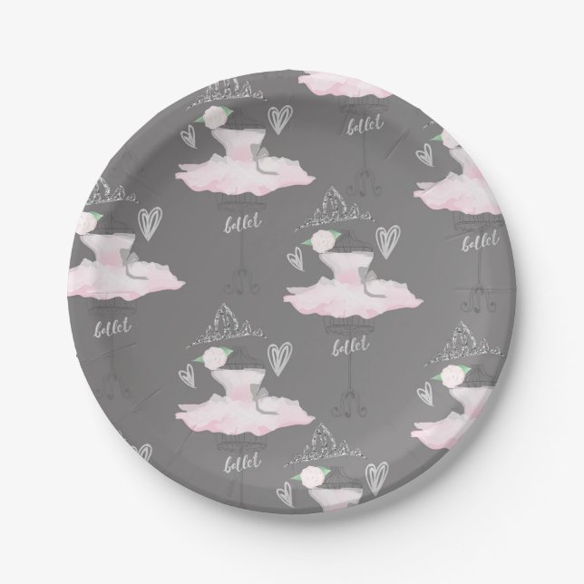 Plato De Papel Fiesta de Cumpleaños Bailarina de Pink & Grey Cout (Anverso)
